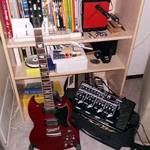 A Tokai guitar, a Boss pedal, and some other things.